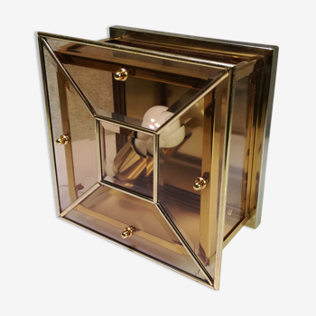 Ceiling lamp or square wall lamp in brass, beveled and tinted glass 1970