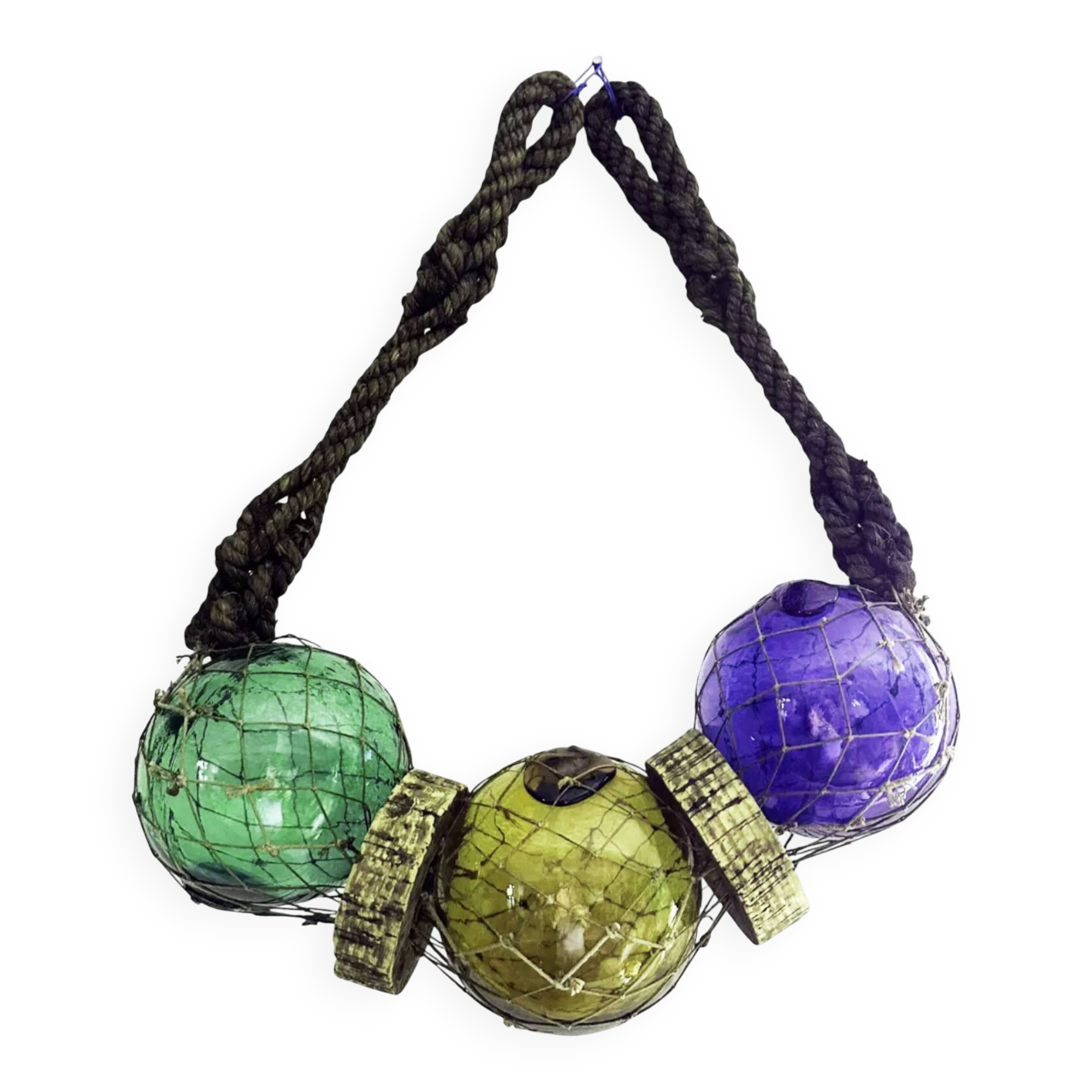 Fishing floats made of blown glass, cork, and rope. France, 1960s.