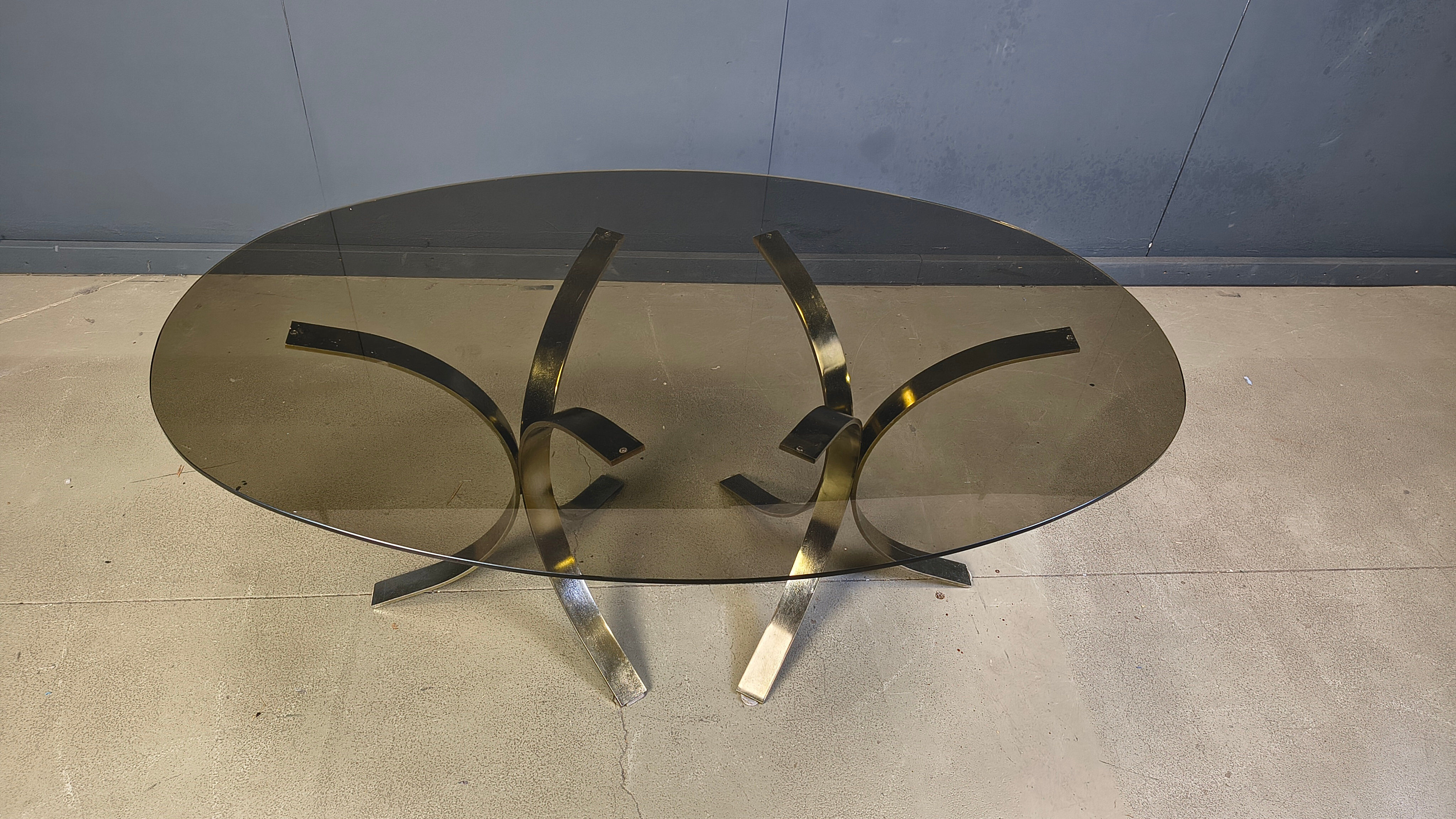 Vintage brass oval glass dining table, 1970s