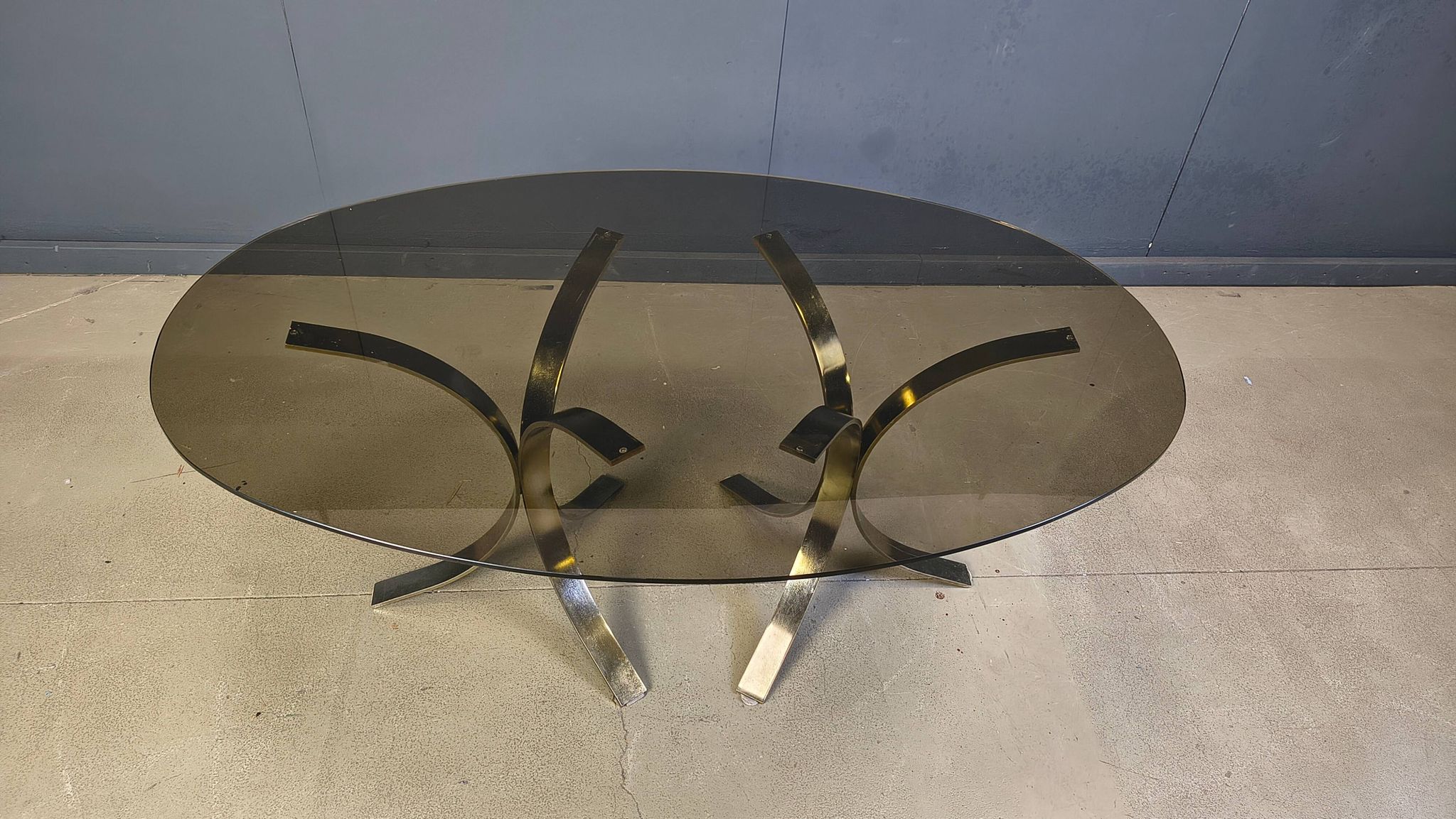 Vintage brass oval glass dining table, 1970s