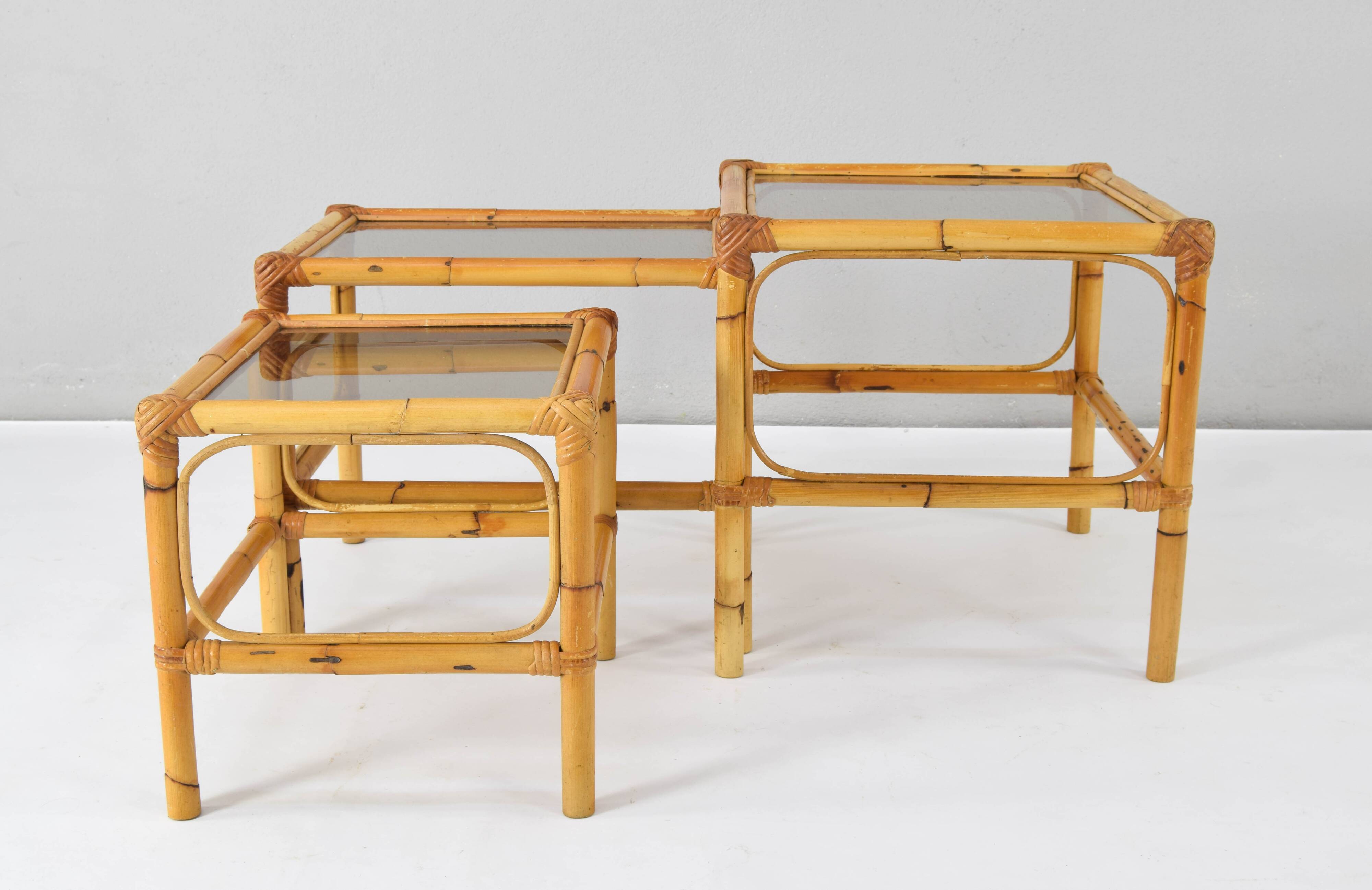Set of three bamboo and smoked glass nesting tables Spain 70s