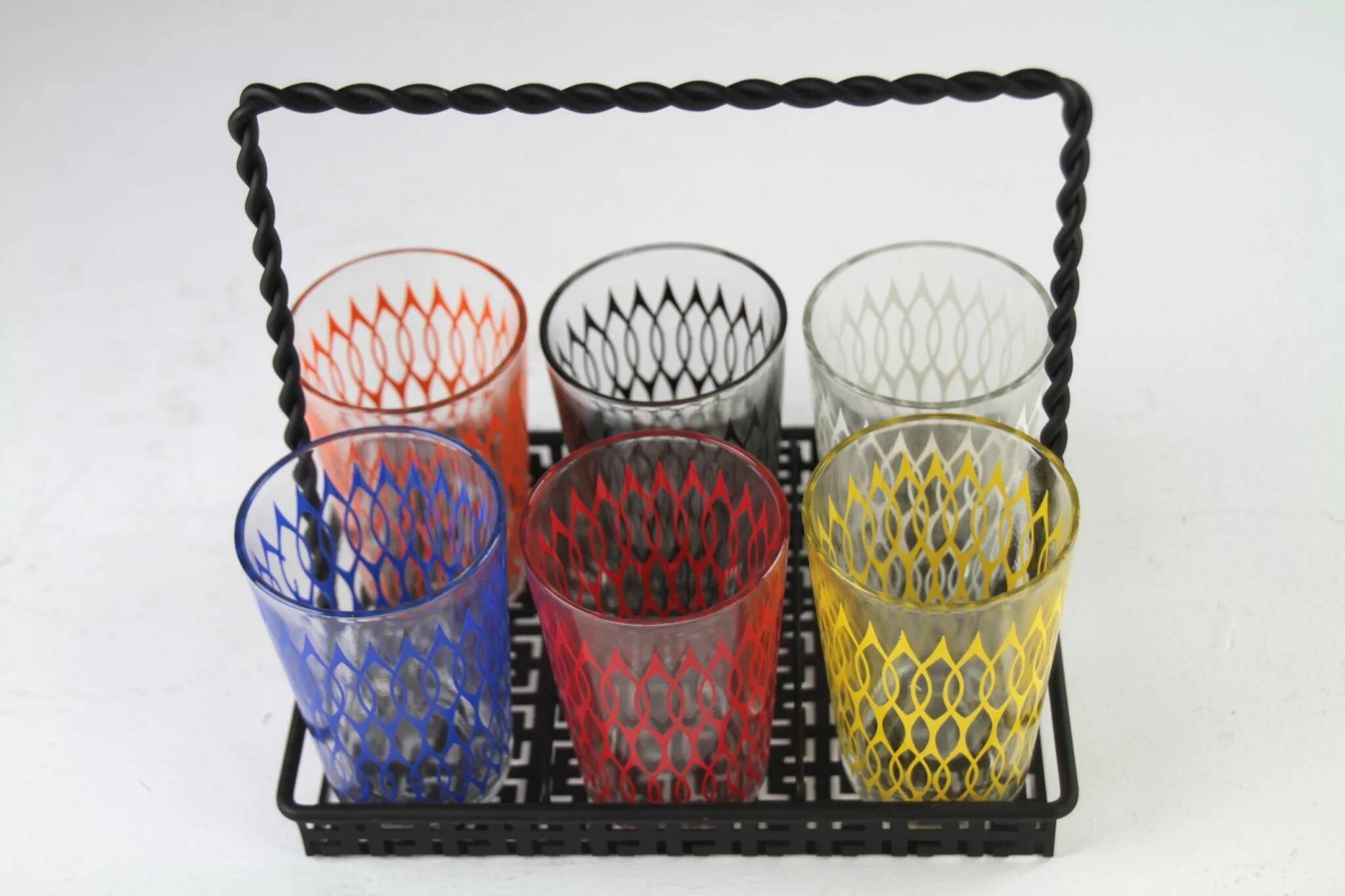 Set of 6 Vintage Lemonade Glasses in Black Metal Carrier — Made in Holland, 1960s/1970s