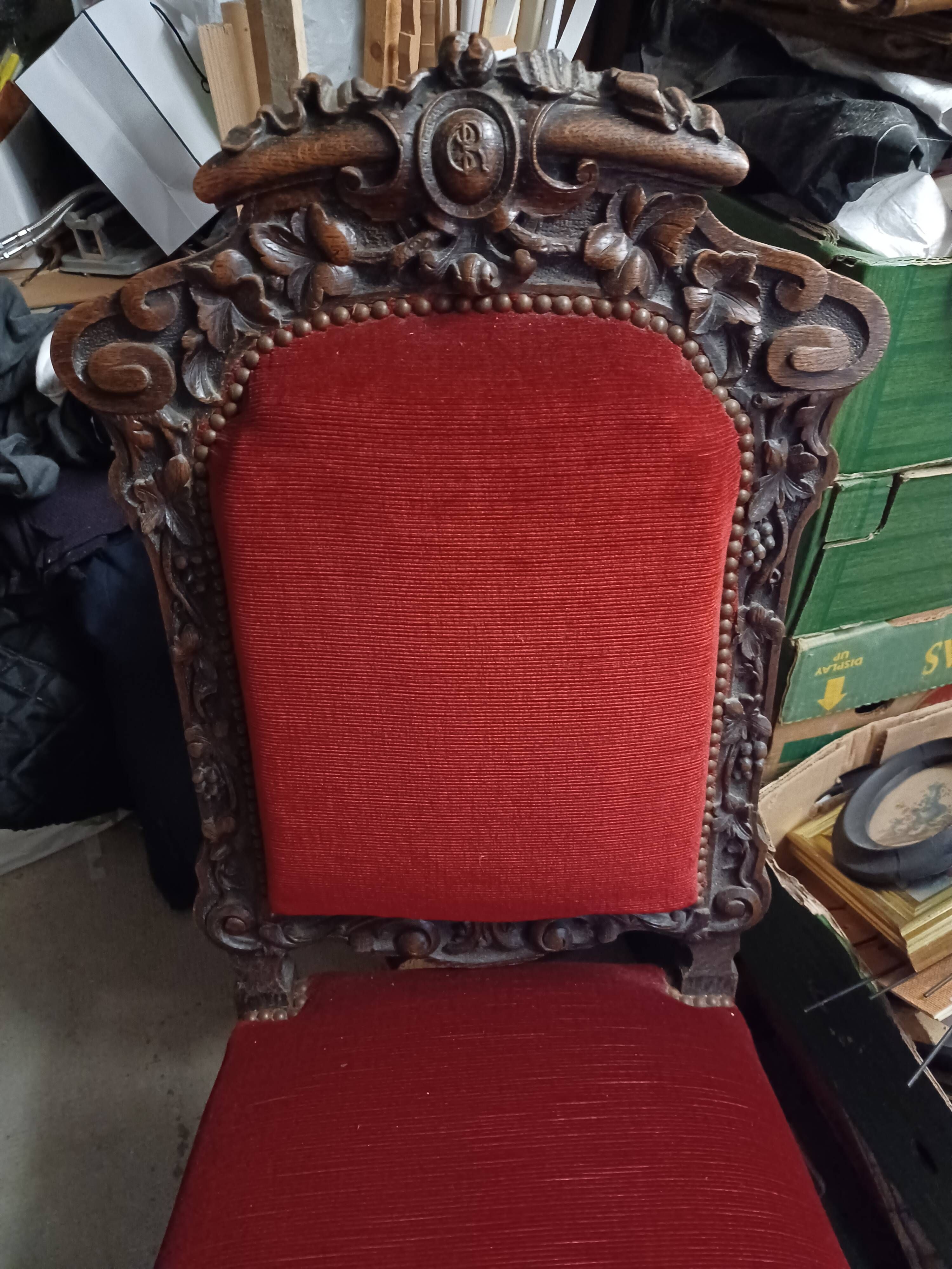 Baroque style chair in monogrammed wood and red velvet fabric