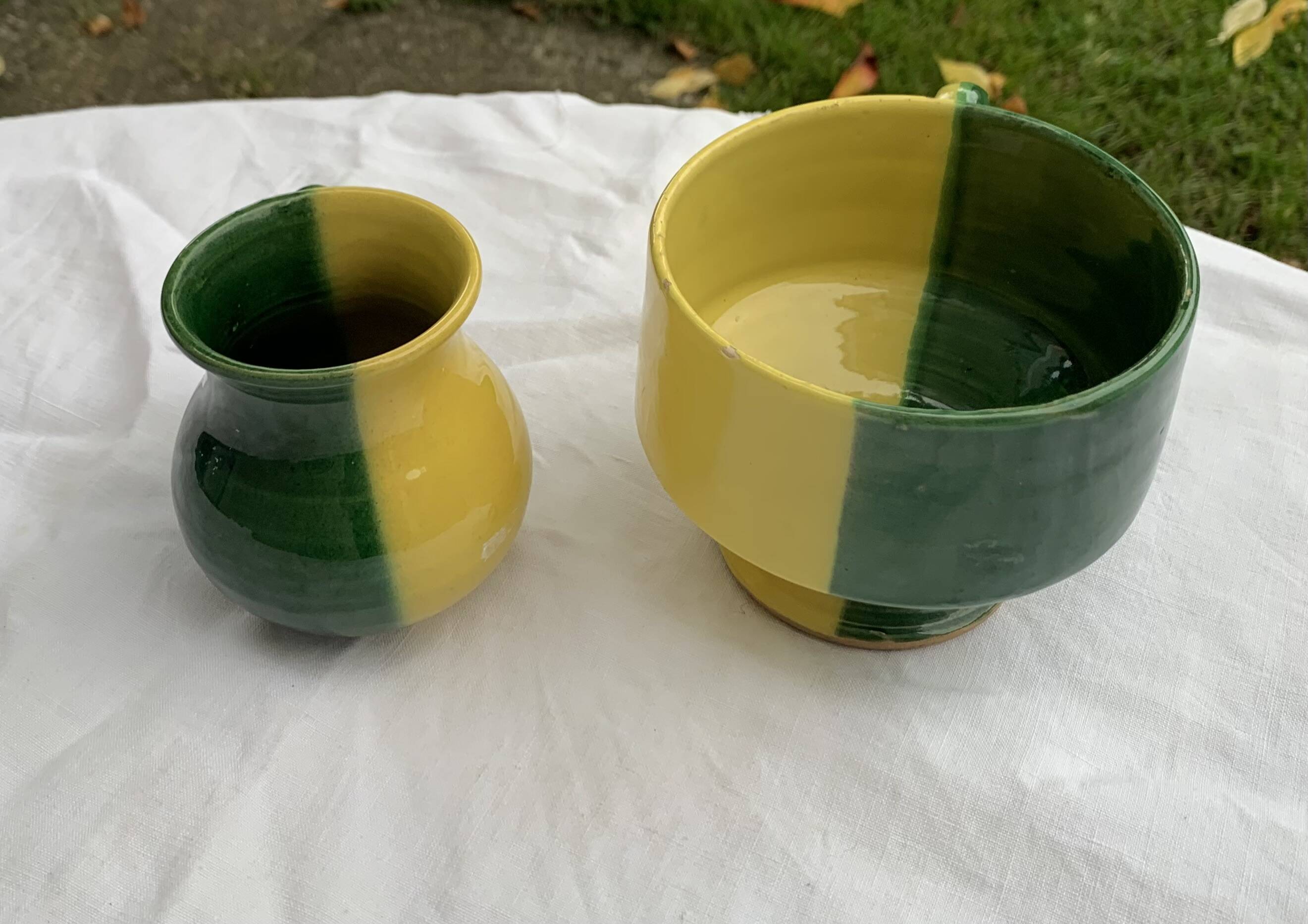 Enameled ceramic bowl and milk jug, two-tone yellow and green, vintage 1950