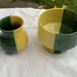 Bol et pot a lait en ceramique émaillé, bicolore jaune et vert vintage 1950