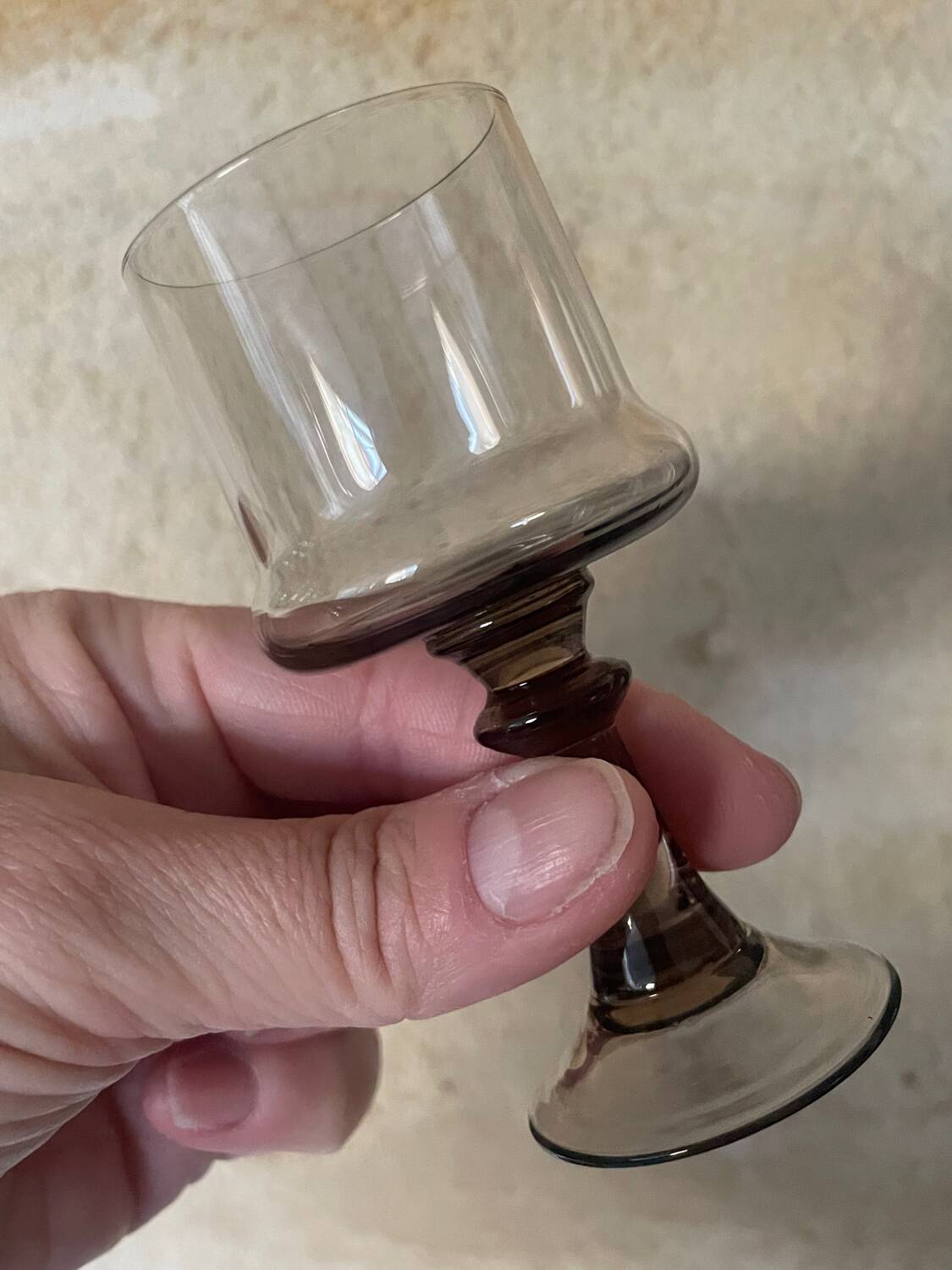 3 stemmed digestif glasses, smoked brown glass