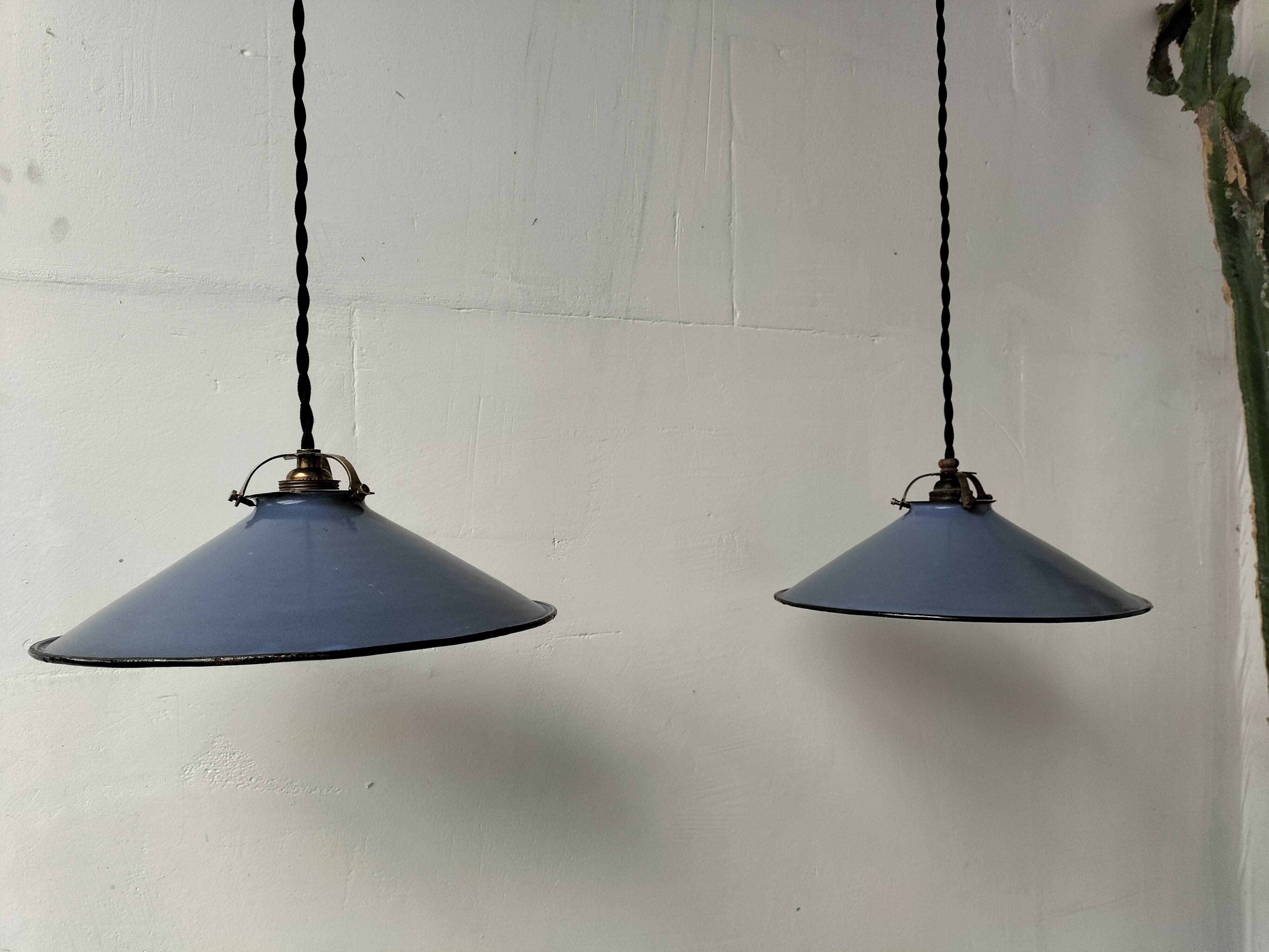 Pair of blue enameled sheet metal pendant lights