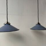 Pair of blue enameled sheet metal pendant lights