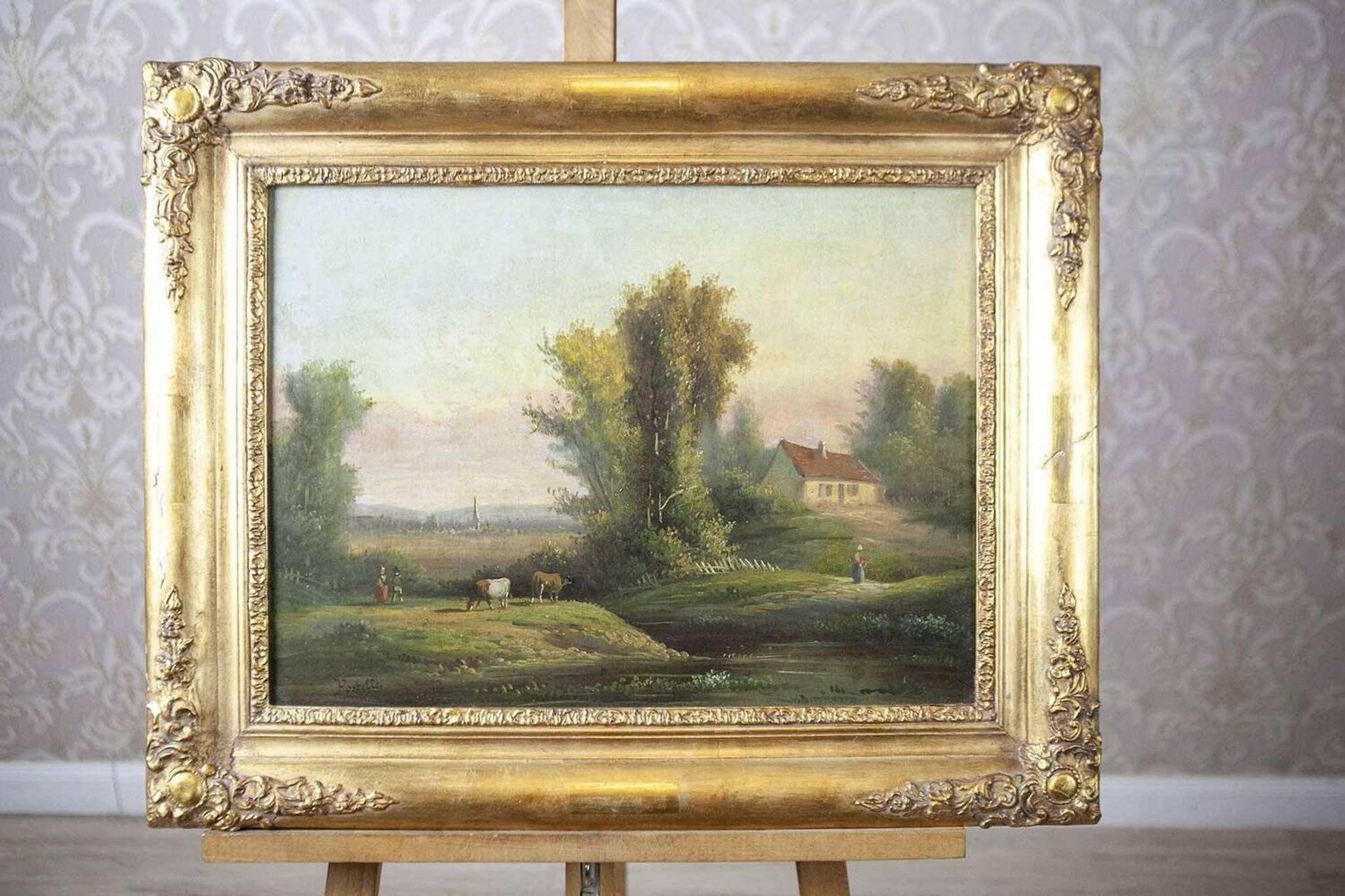 Village, 19ème siècle, huile sur toile, encadré