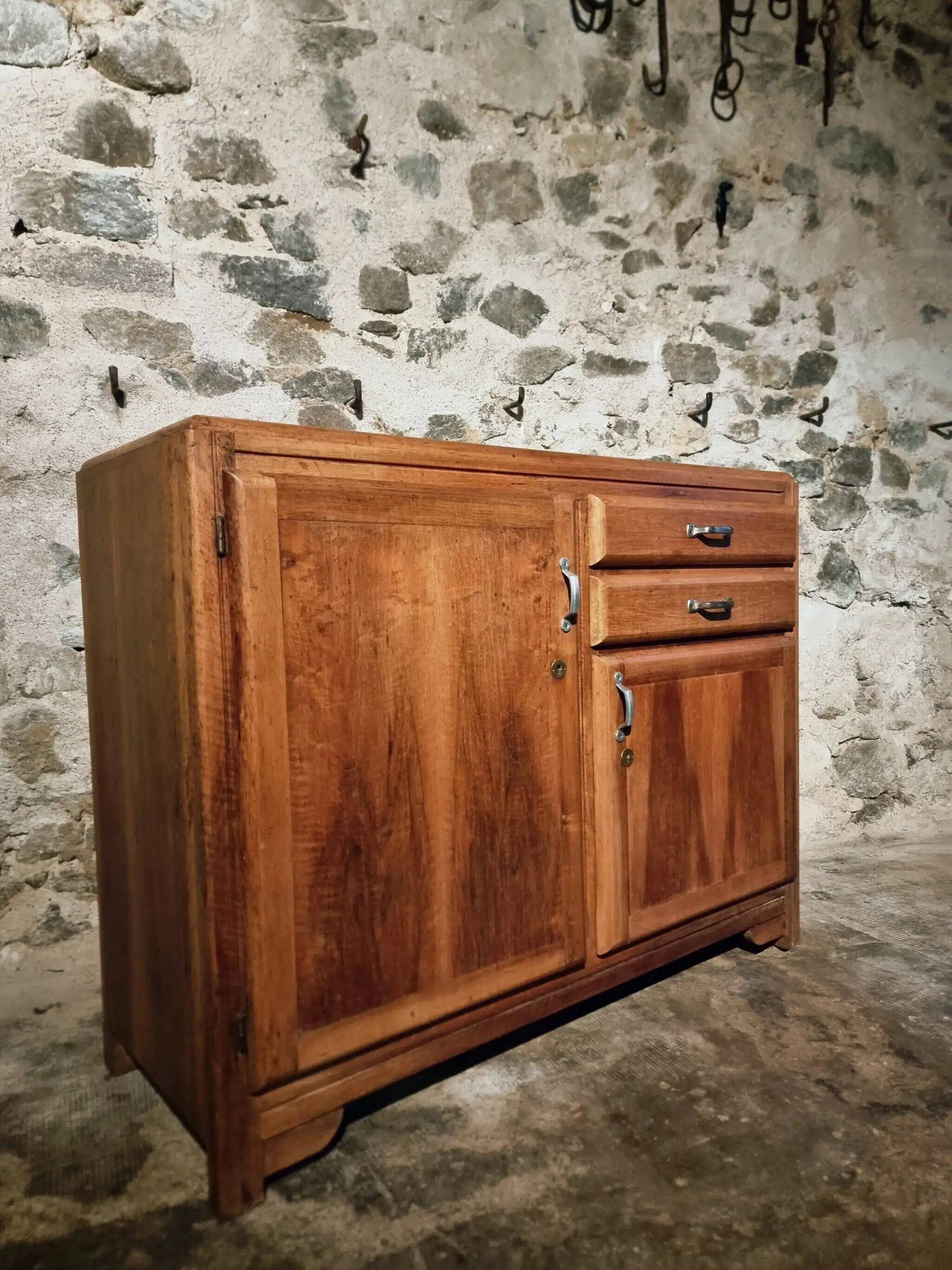 Vintage French 1930s walnut sideboard - two drawers, adjustable shelves, Art Deco style