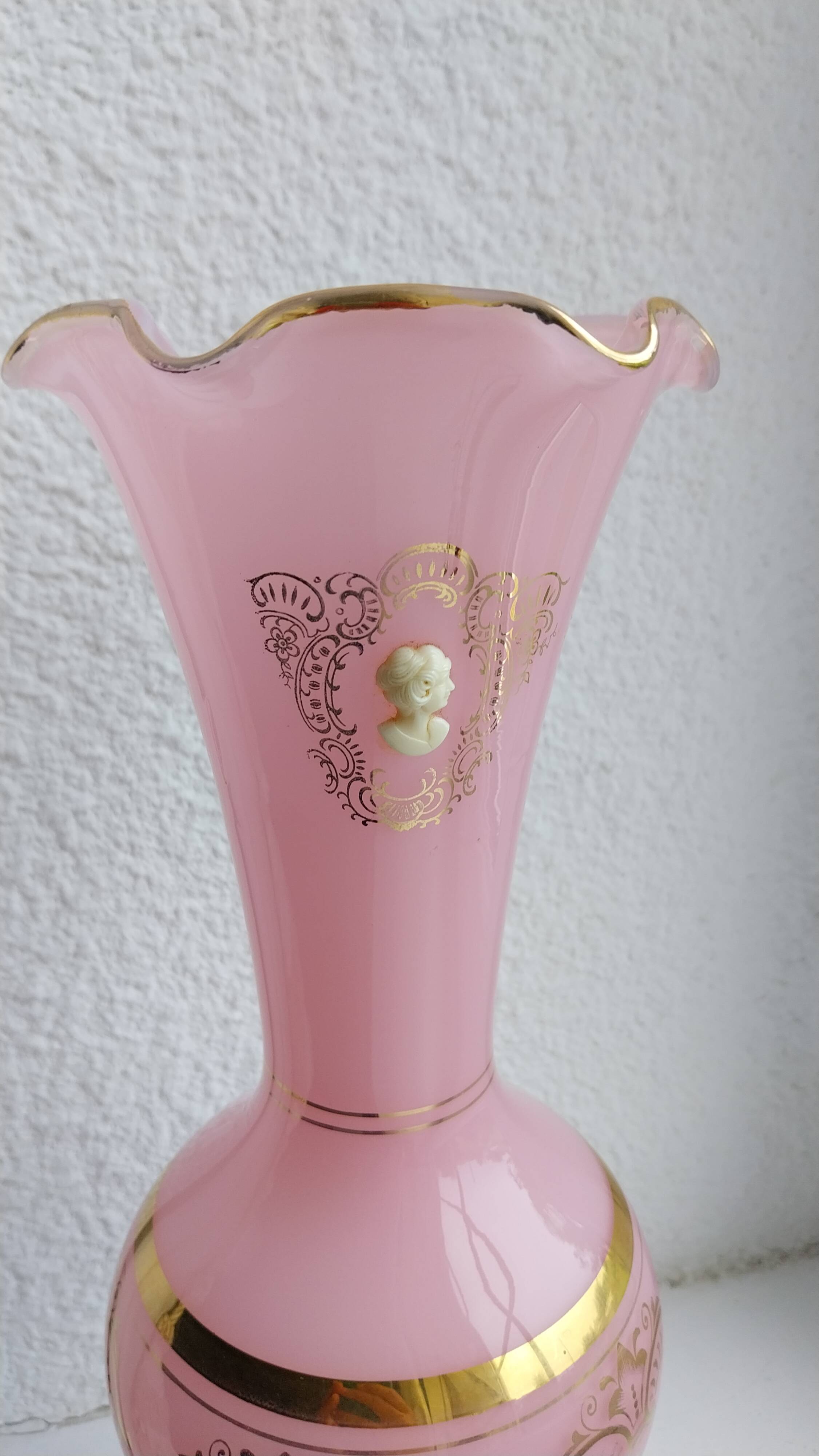 Opaline pink vase with cameo and gilding, 35cm