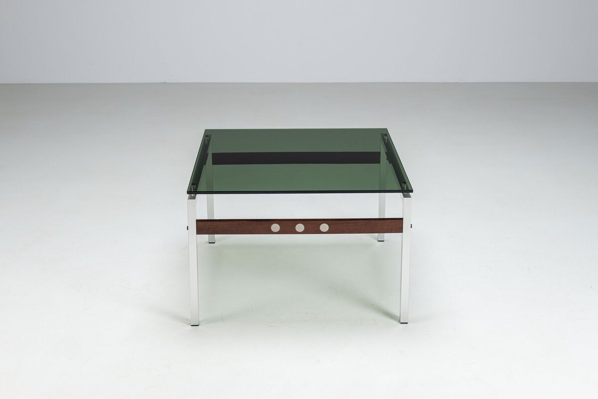 Scandinavian coffee table in metal, teak and smoked glass Denmark 1960