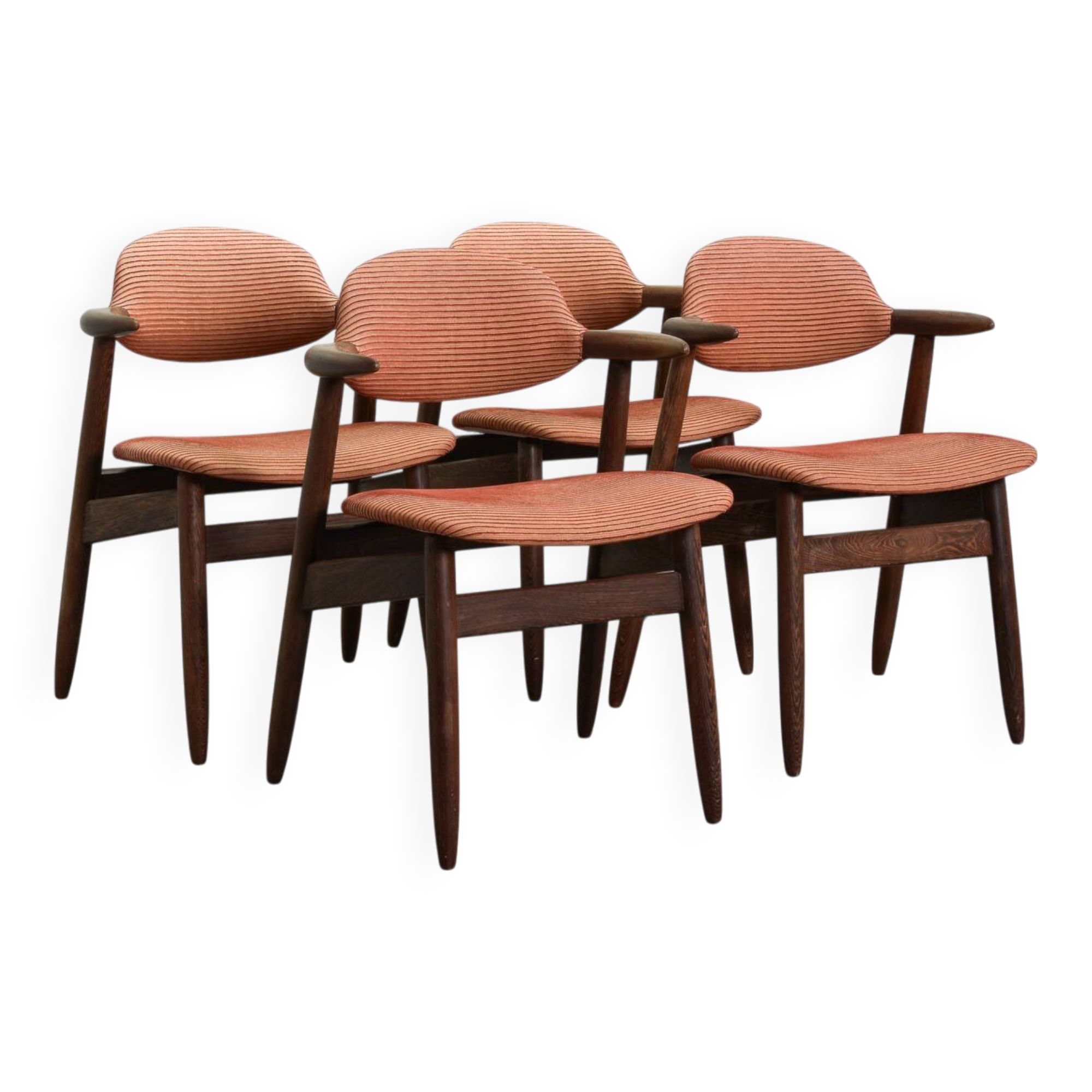 4 Wenge Cowhorn Tijsseling Dining Chairs with Stone Red Fabric, Hulmefa 60s