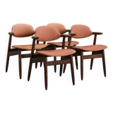 4 Wenge Cowhorn Tijsseling Dining Chairs with Stone Red Fabric, Hulmefa 60s