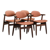 4 Wenge Cowhorn Tijsseling Dining Chairs with Stone Red Fabric, Hulmefa 60s