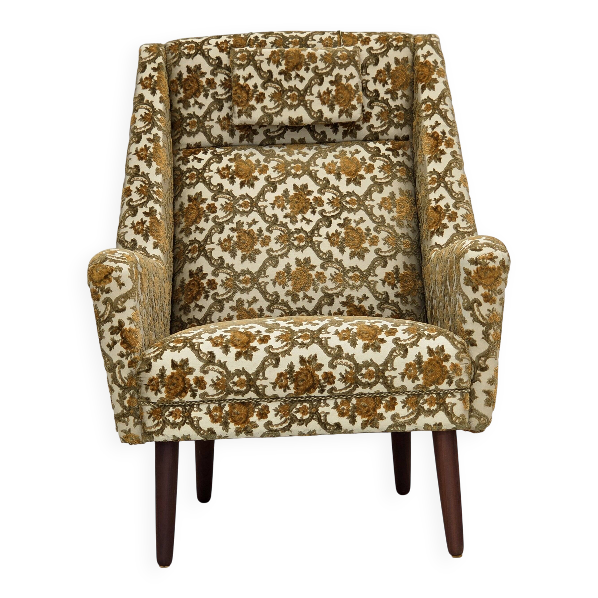 1970s, Danish highback armchair, Brown/beige furniture fabric, teak wood.