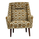 Fauteuil à dossier haut danois des années 1970, tissu en meuble marron/beige, bois de teck.