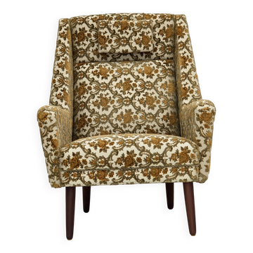 1970s, Danish highback armchair, Brown/beige furniture fabric, teak wood.