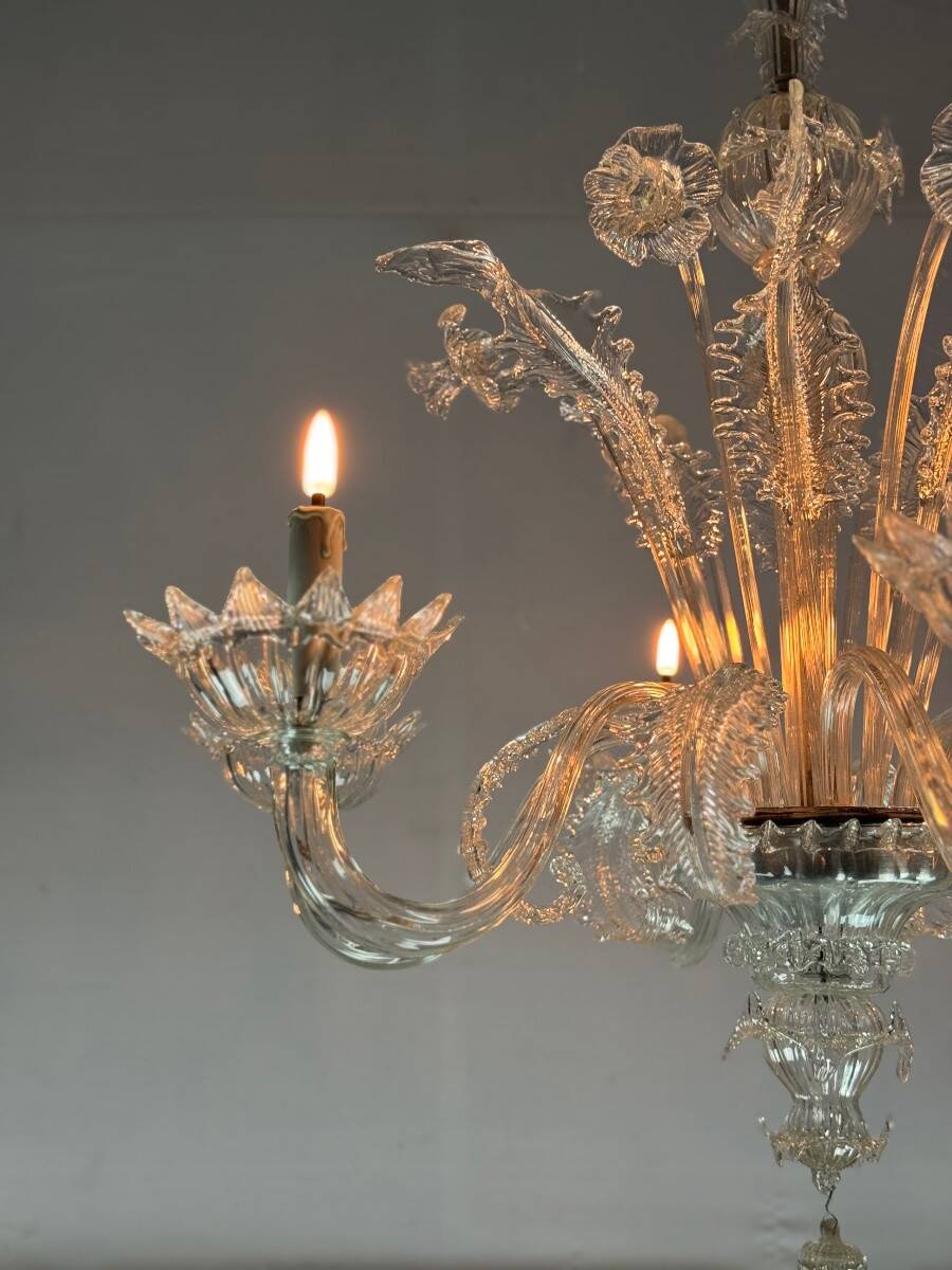 Venetian Chandelier in Colorless Murano Glass with 6 Lights, Circa 1930