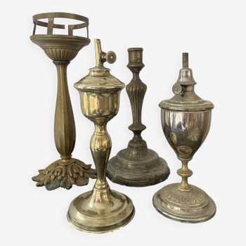 Lot Lampes à huile, bougeoir, pied de lampe en laiton et métal