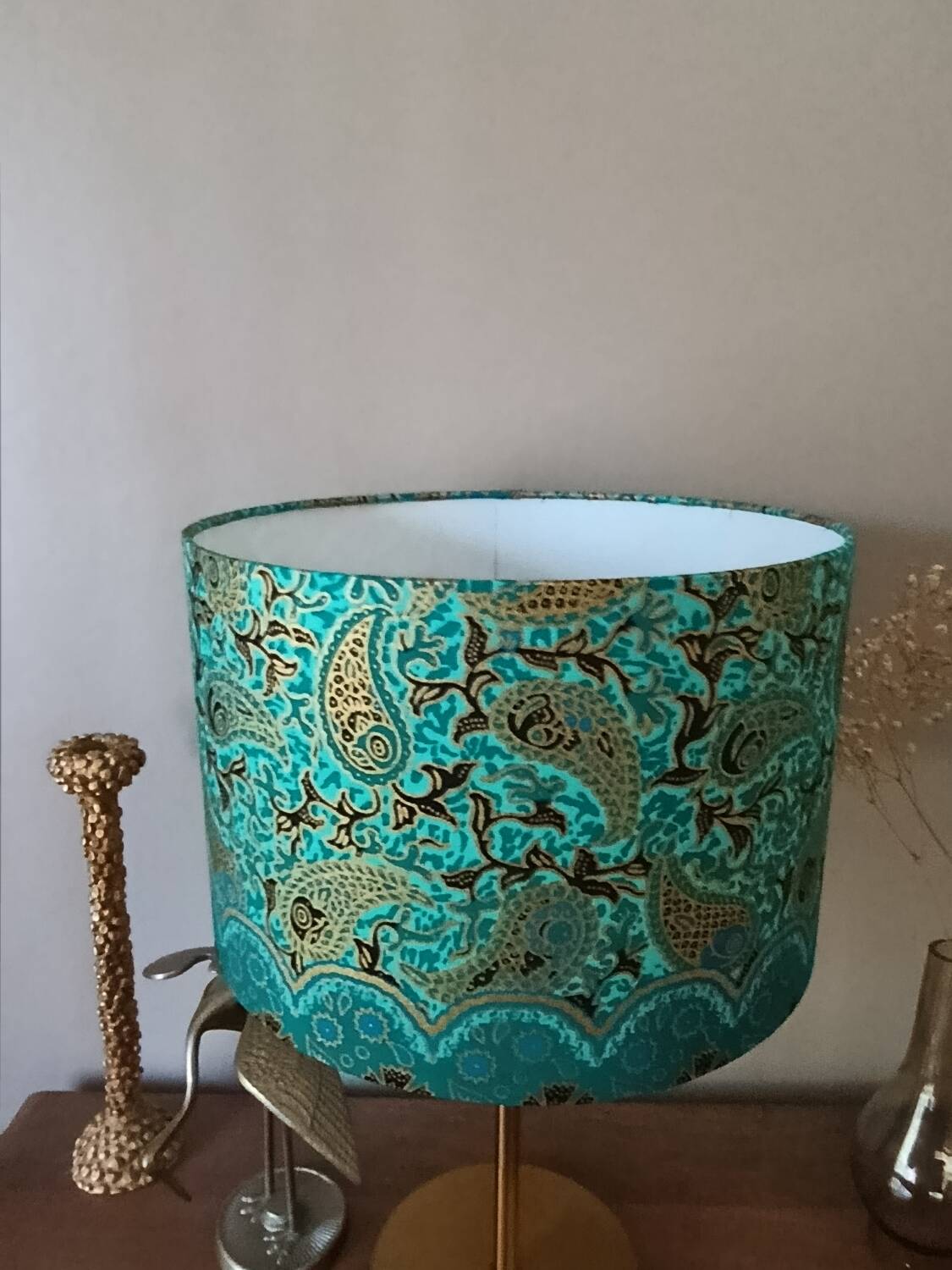 vintage fabric lampshade with golden paisley pattern