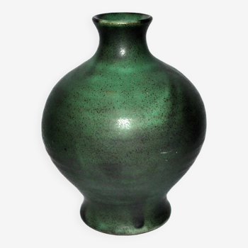 Vase en céramique vintage signée vague - Terre cuite vernissée vert