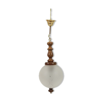 Lustre avec boule en verre et bois style merisier 56cm