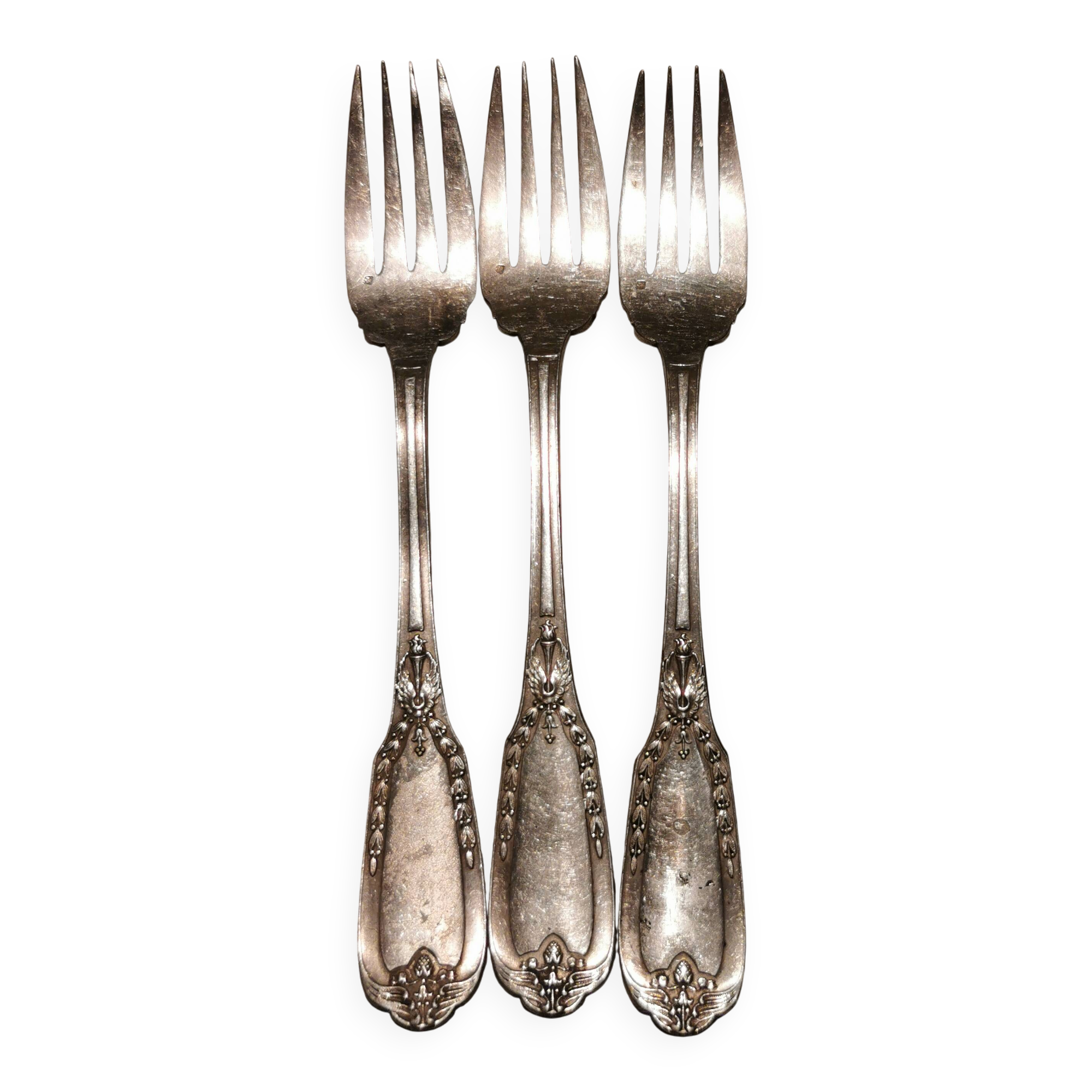 3 silver metal forks