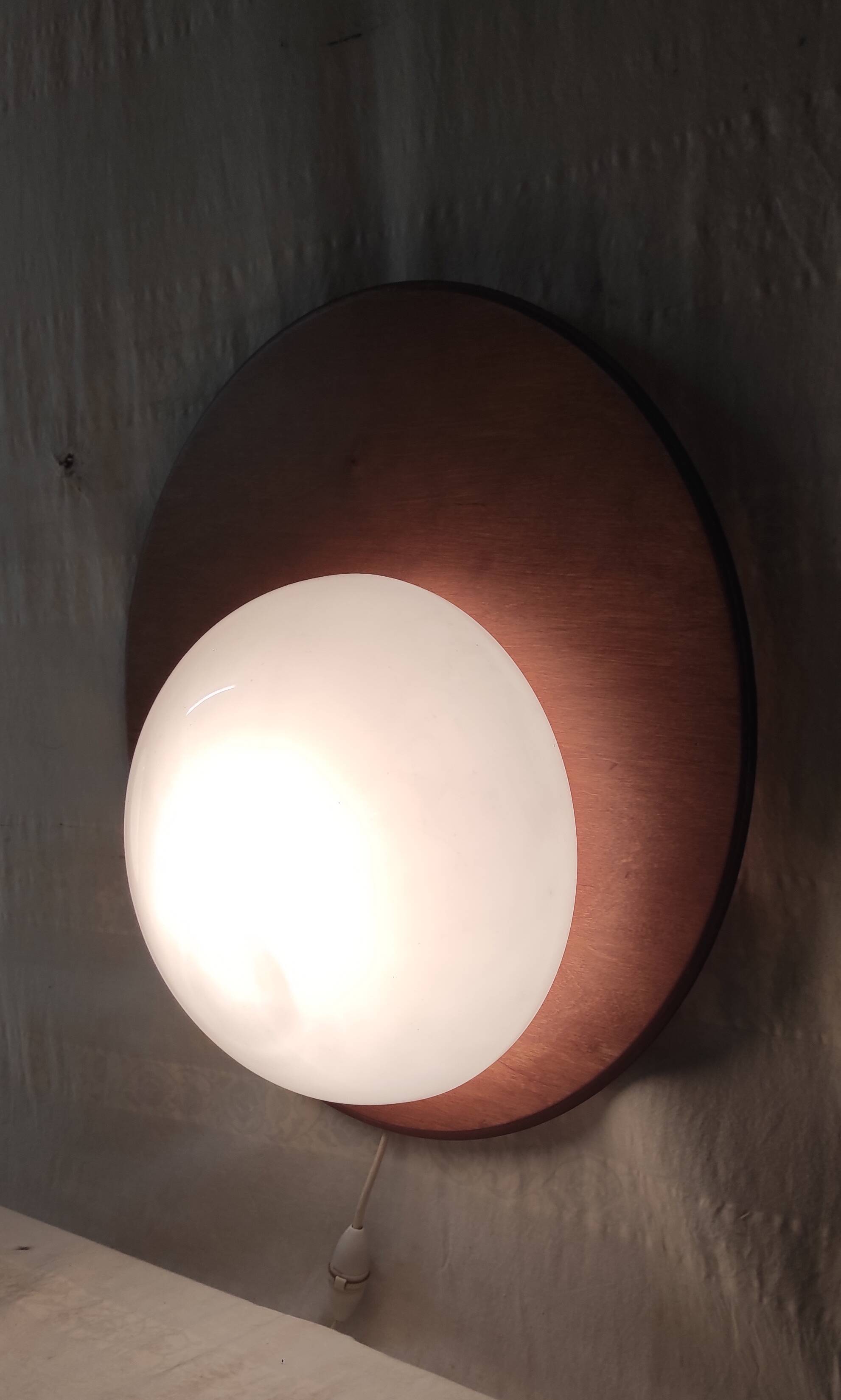 Designer wall lights in wood and opaline globe - mid-20th century