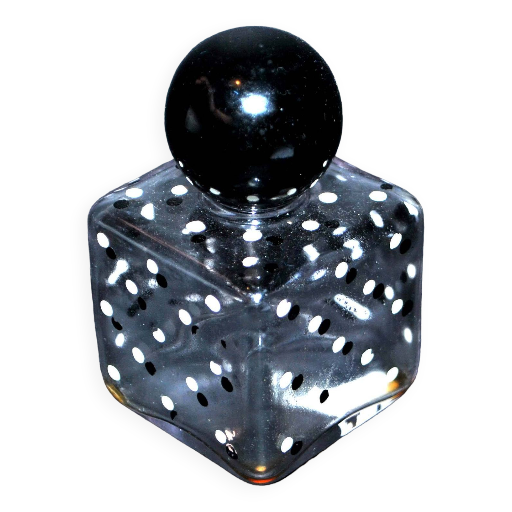 Vintage white and black polka dot glass perfume bottle and round bakelite cap