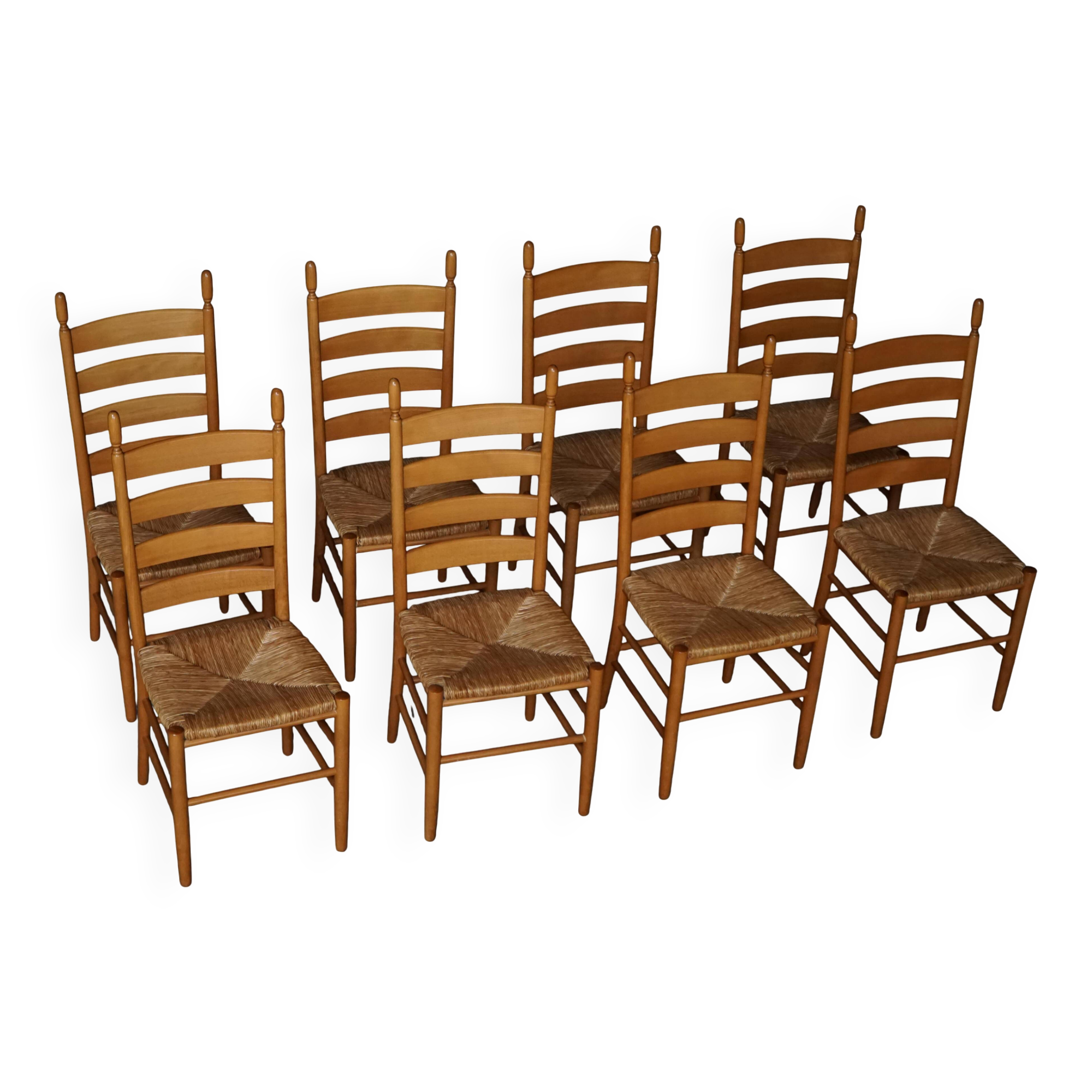 Set of 8 modern Italian dining chairs, beech with woven seats, 1960s.