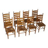 Ensemble de 8 chaises de salle à manger modernes italiennes, hêtre avec sièges tressés, années 1960