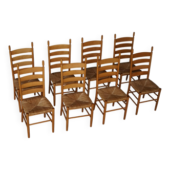 Set of 8 modern Italian dining chairs, beech with woven seats, 1960s.