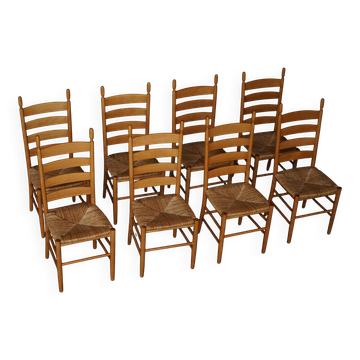 Set of 8 modern Italian dining chairs, beech with woven seats, 1960s.