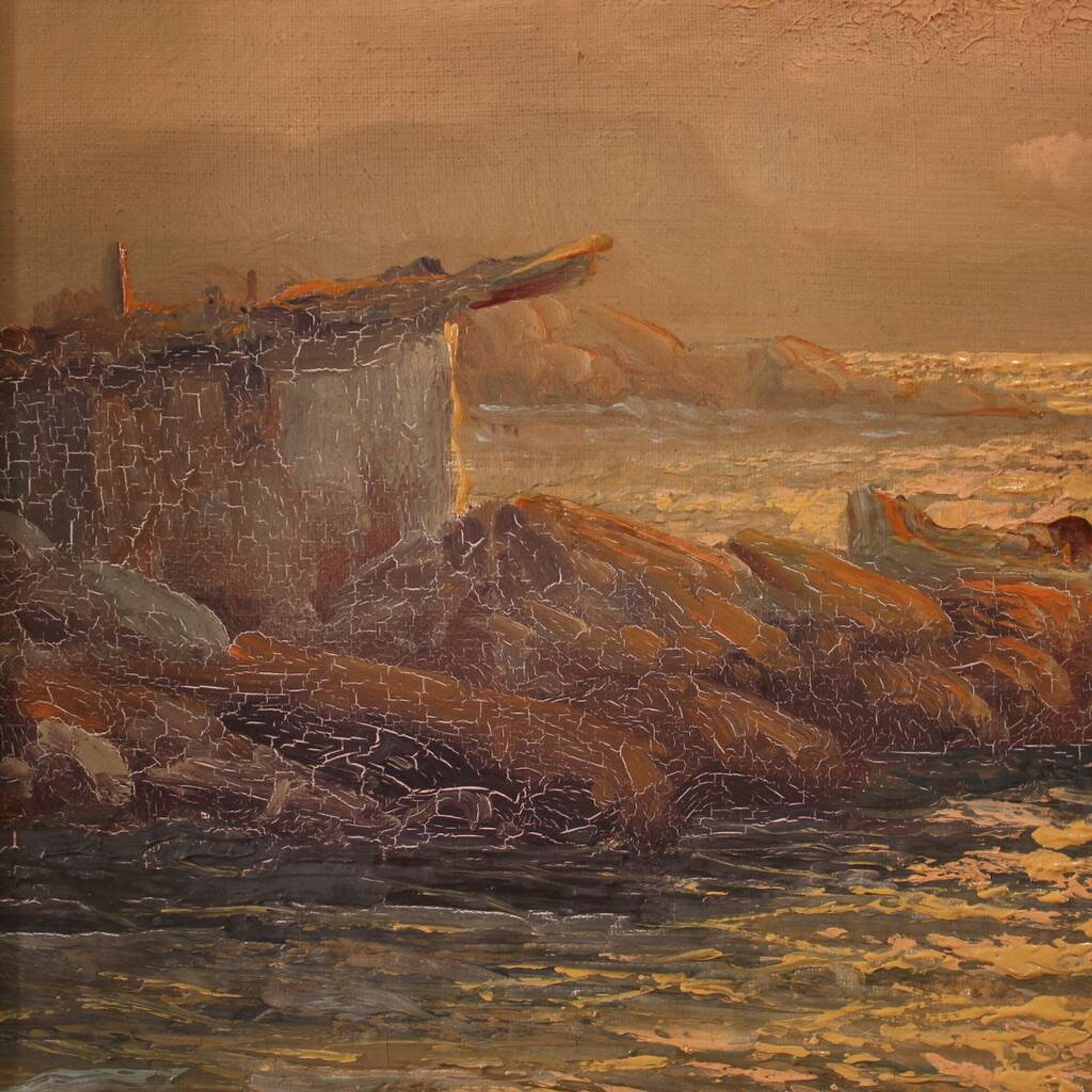 Seascape painting signed by Remo Testa, fishermen at sunset