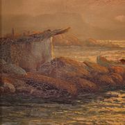 Seascape painting signed by Remo Testa, fishermen at sunset