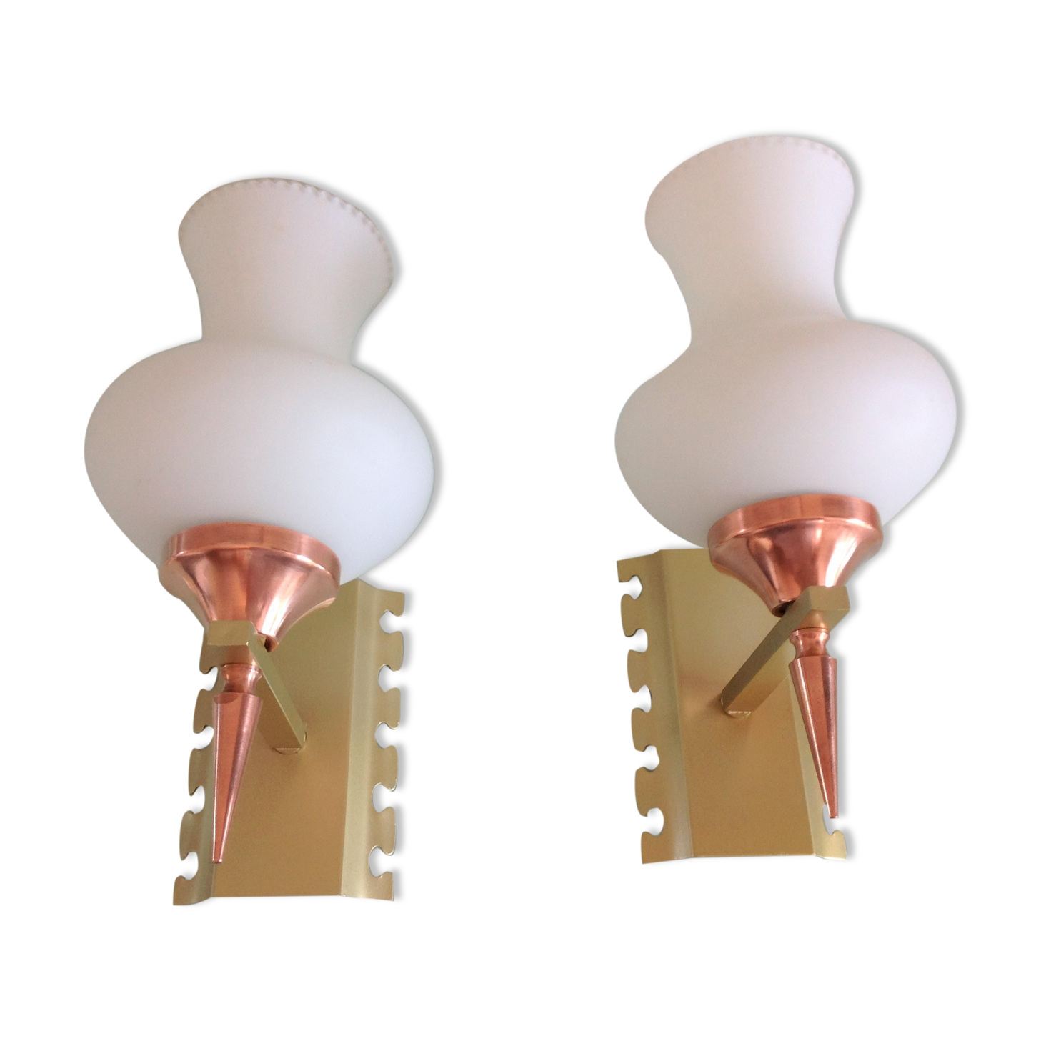 Pair of red copper and white opaline sconces 60s-70s