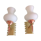 Pair of red copper and white opaline sconces 60s-70s