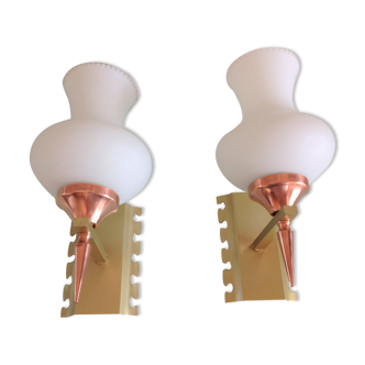 Pair of red copper and white opaline sconces 60s-70s