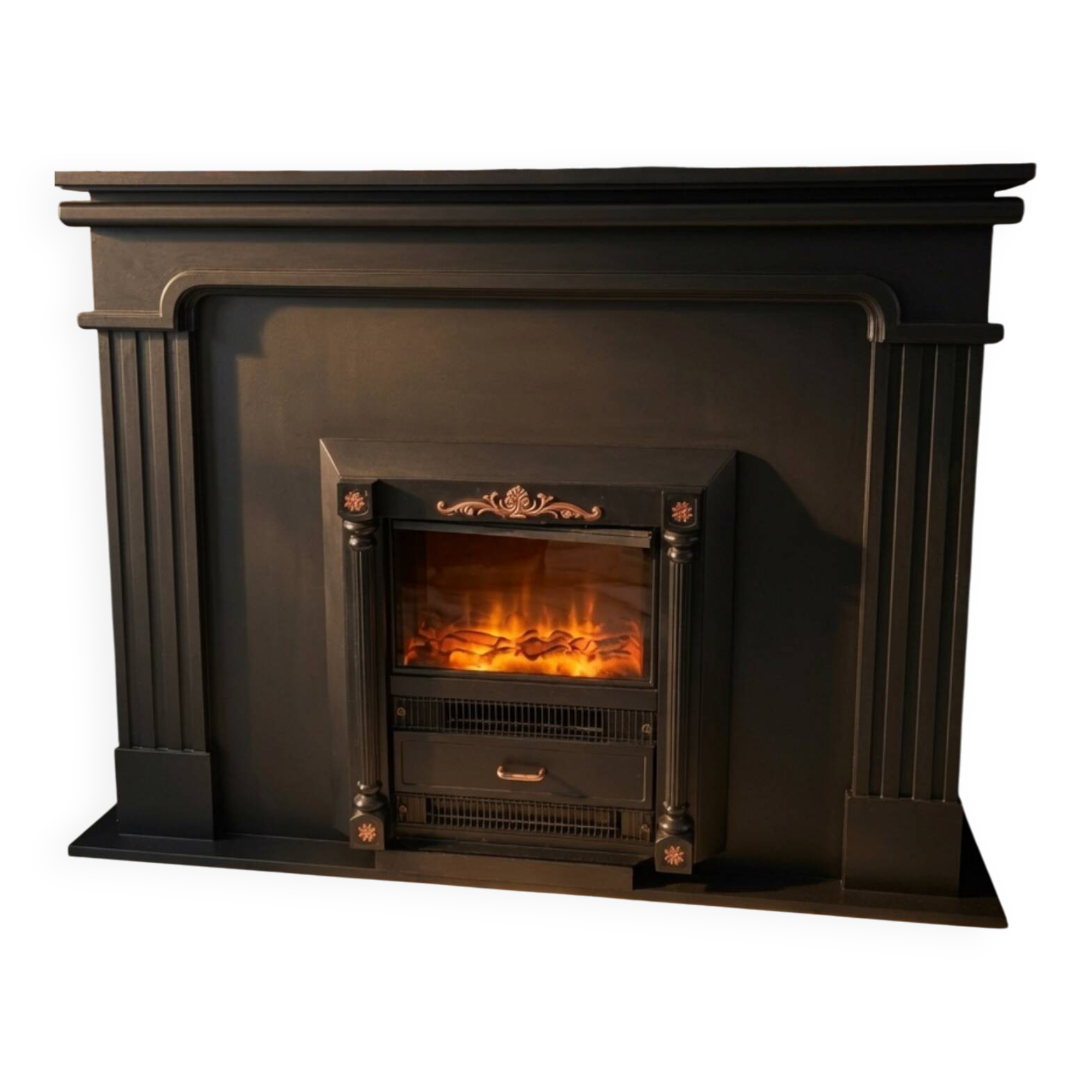 Luxury electric fireplace and classic black mantel suite