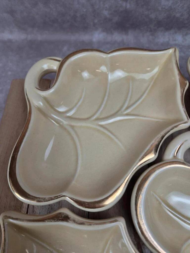 Vintage aperitif service 5 leaf bowls – Poët Laval art ceramics – gilding