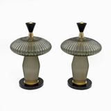 Paire de lampes de table en forme de champignon en verre de Murano et laiton
