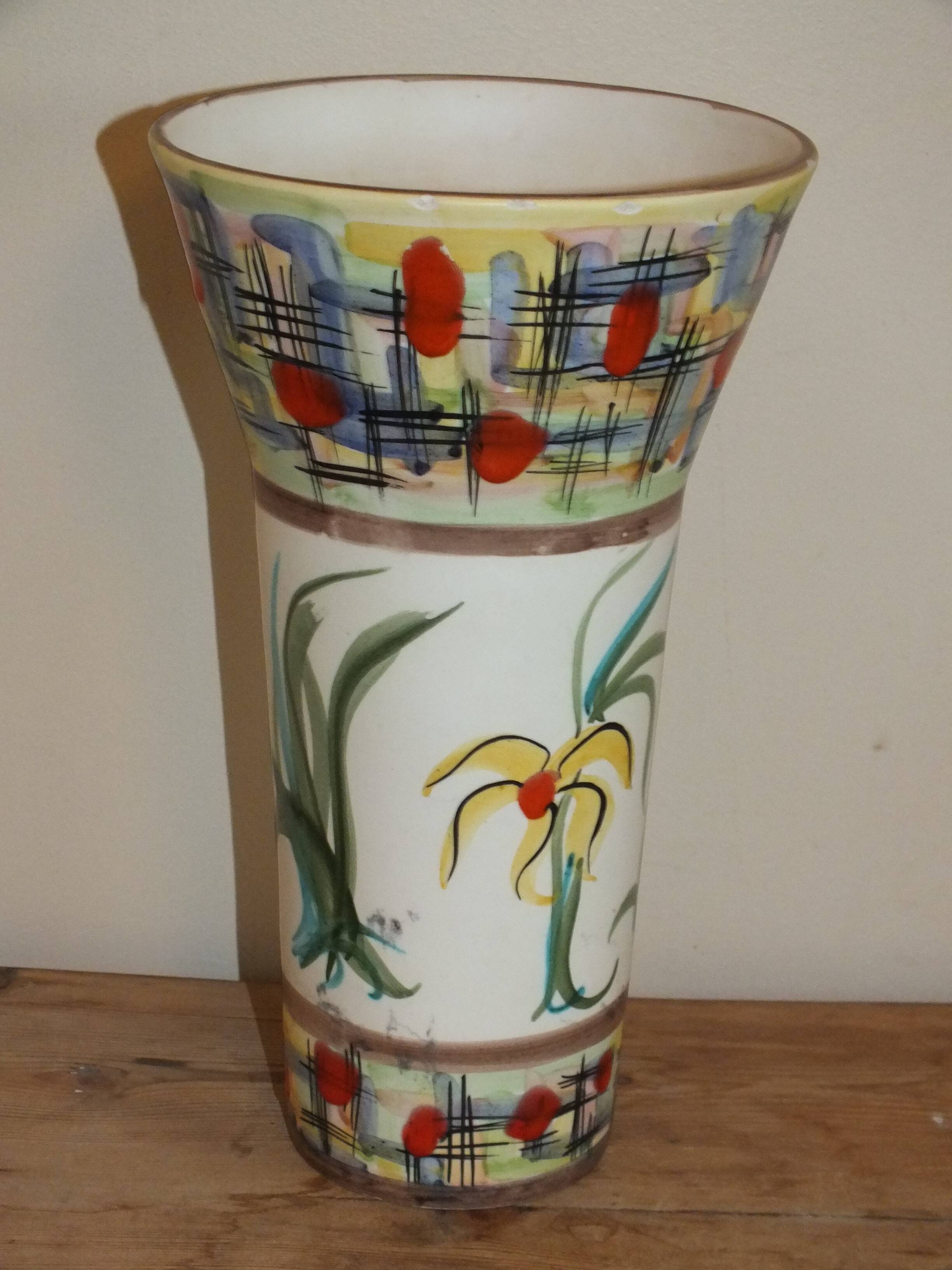 60s enamelled cone vase with fish decor, Vallauris signed Mj