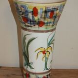 60s enamelled cone vase with fish decor, Vallauris signed Mj