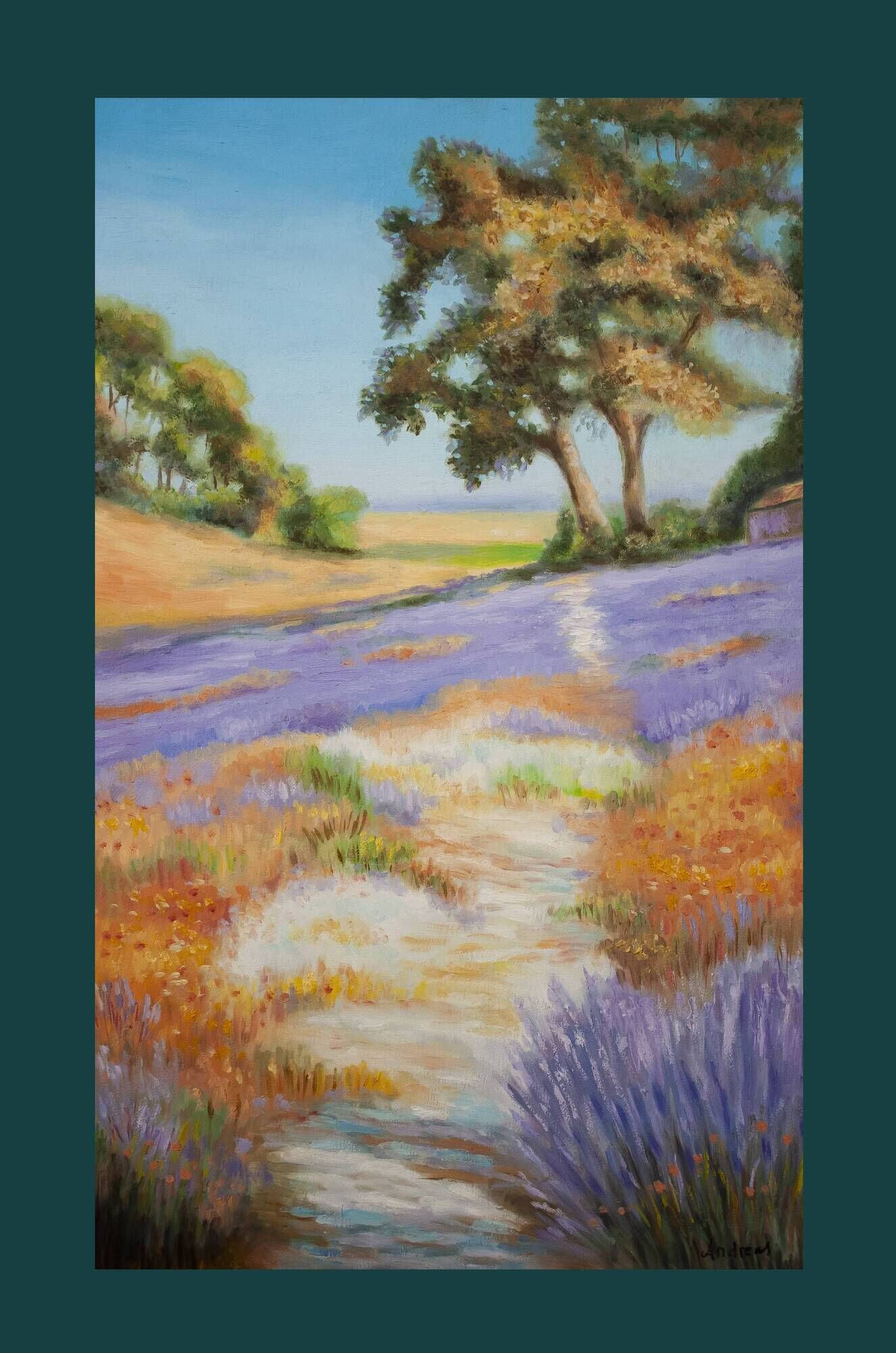 Oil painting on wooden panel, lavender landscape with lilacs and trees.