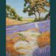 Oil painting on wooden panel, lavender landscape with lilacs and trees.