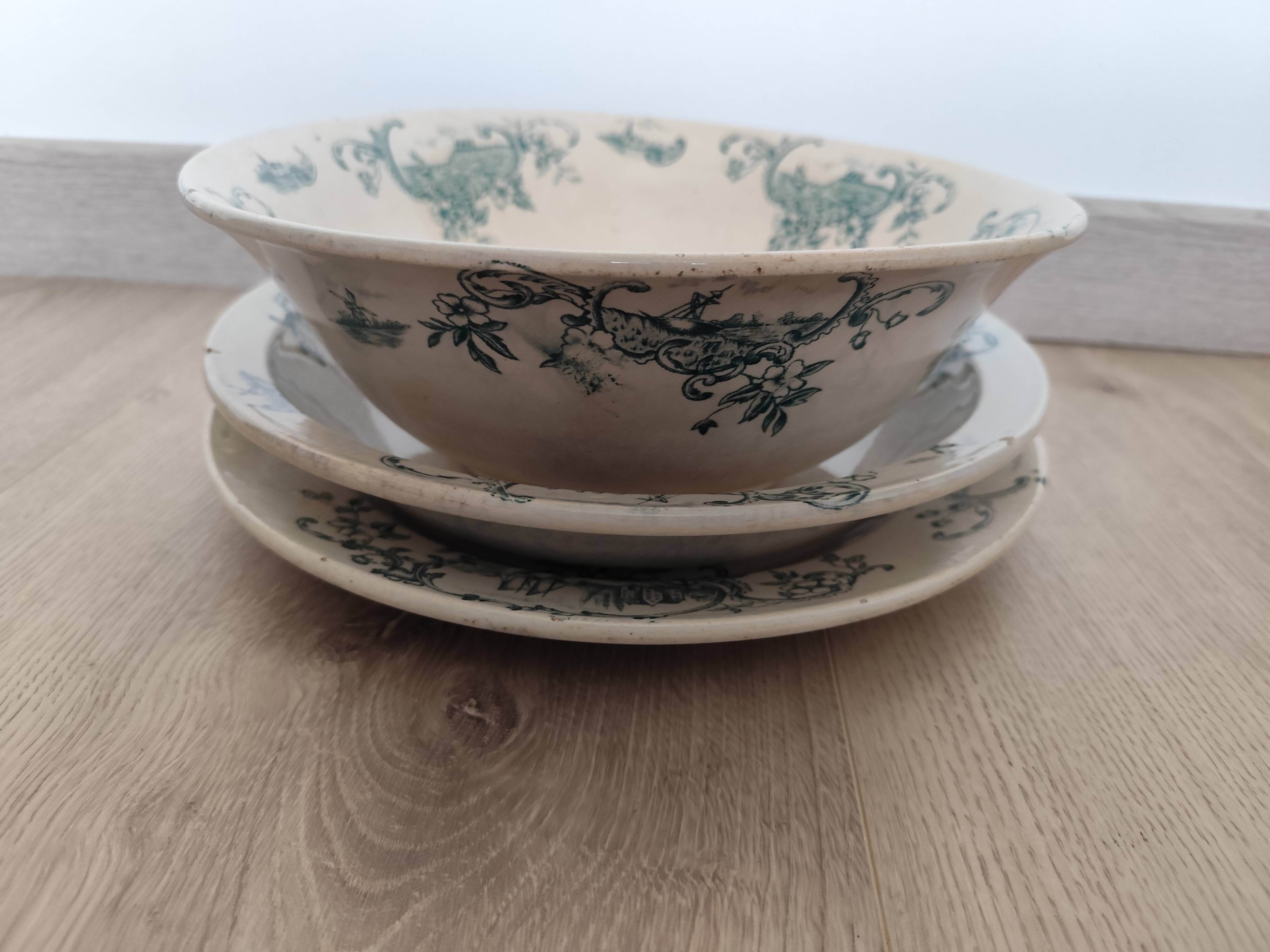 Trio of dishes: Salad bowl, Vegetable dish & Deep plate Faïence de Lyon Model