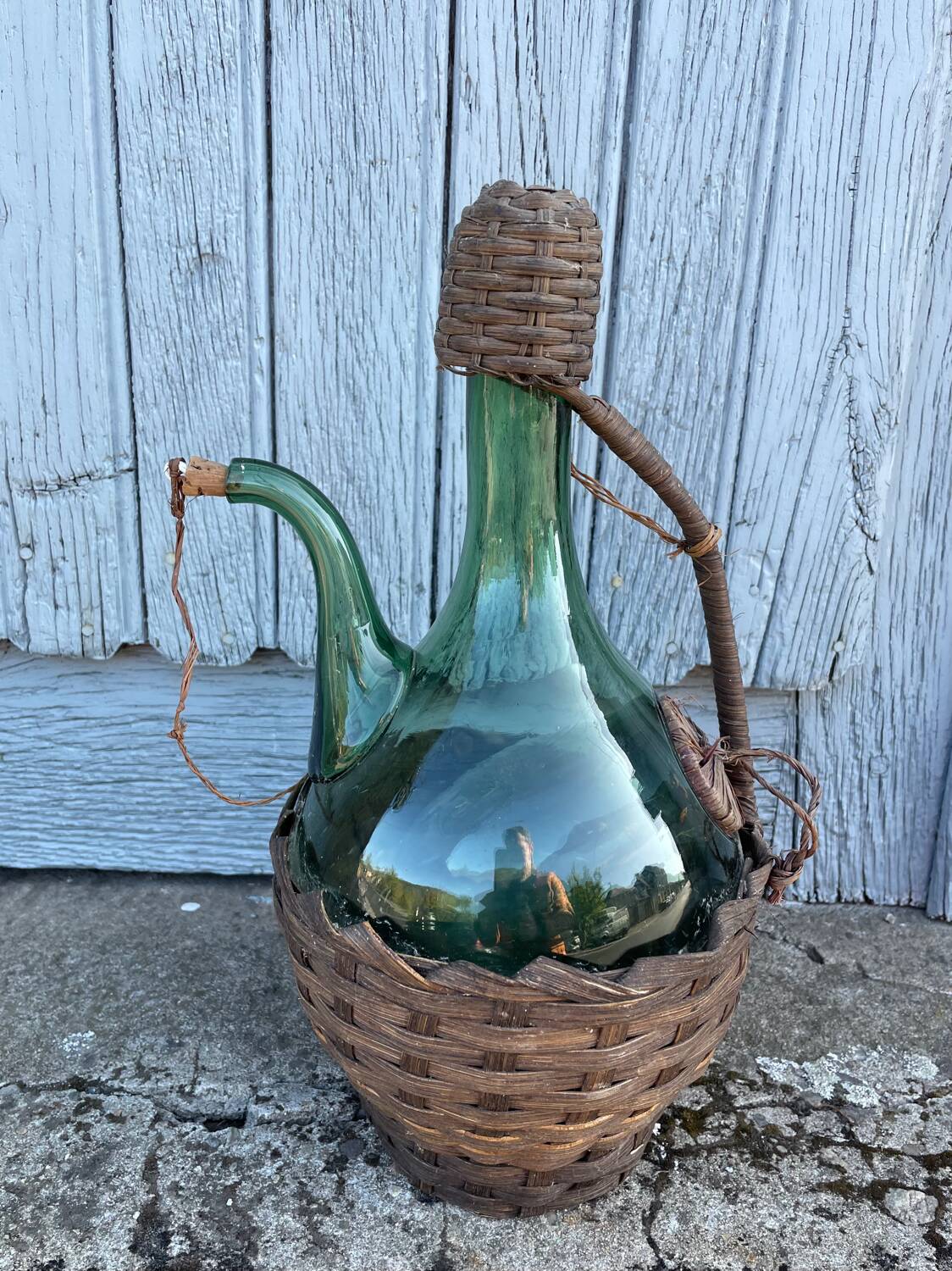Vintage Green Italian Hand Blown Glass Wine Decanter with Ice Chamber