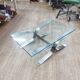 Vintage brushed steel coffee table and thick glass top - italian design