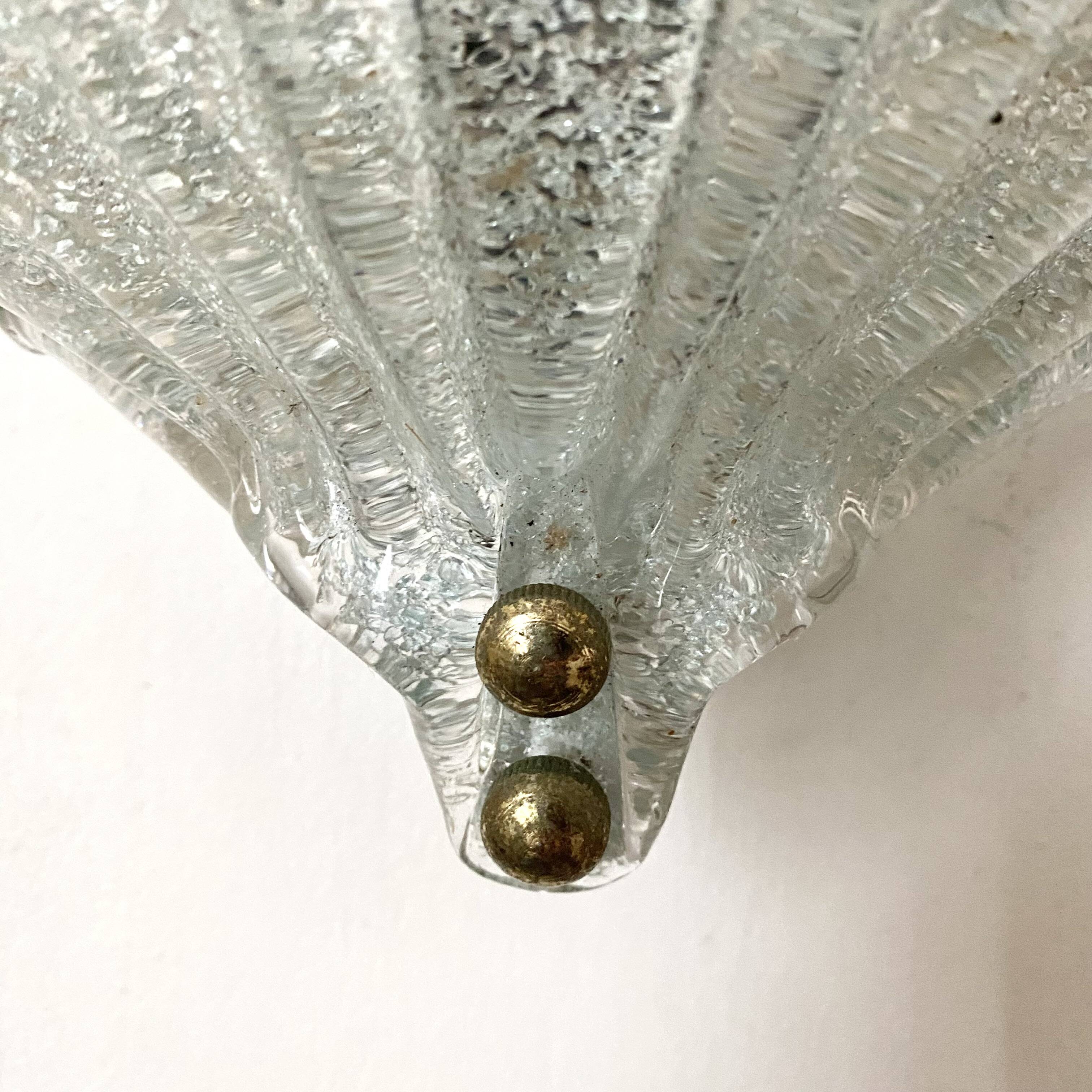 Wall light shell in glass and brass, 1970s-80s.